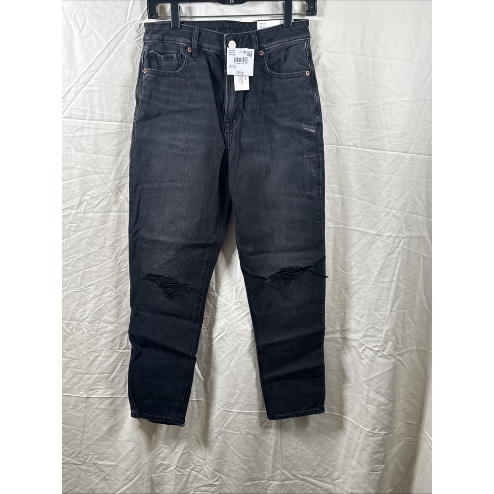 American Eagle Mom‎ Jeans Women's Size 2 Black High Rise Destroyed Distressed